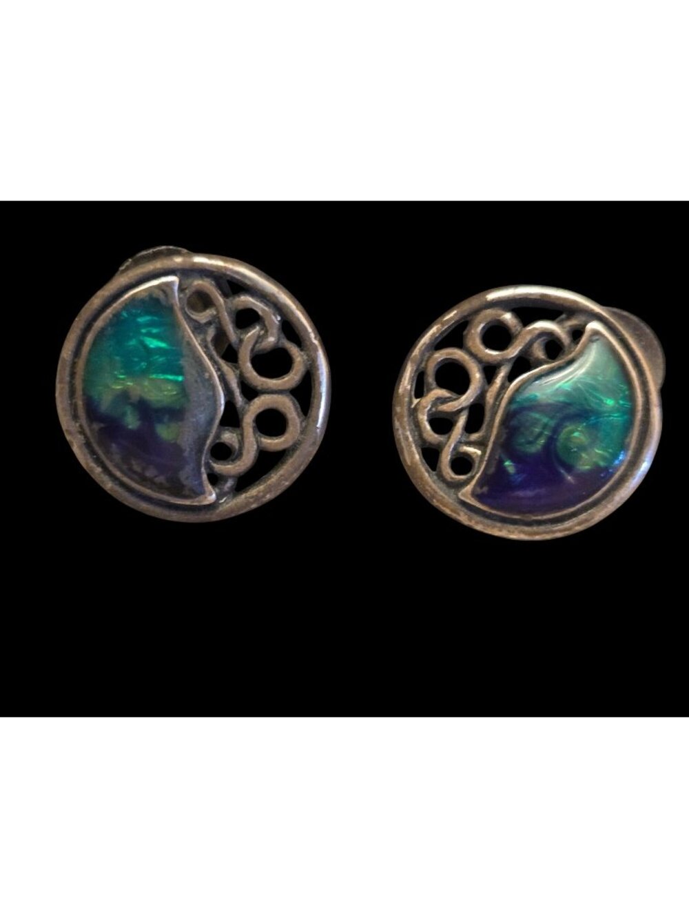 Chicos Silver Tone Blue Green Enamel Openwork  Earrings Swirl Boho Celtic Artisa